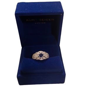 Art Deco 18k white gold band with real pave diamonds and sapphire ring